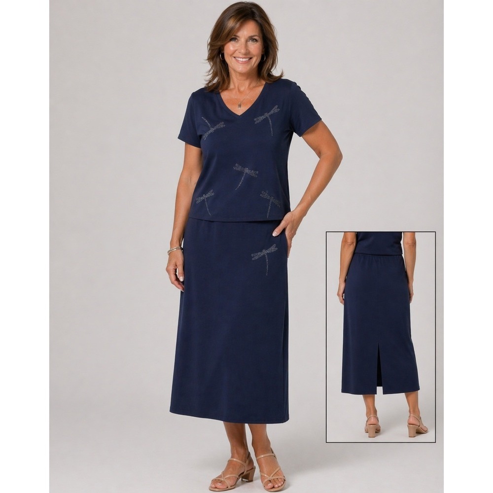 Coldwater Creek Skirt Set Womens L Navy Beaded Dragonfly Cotton Casual Cottage‎